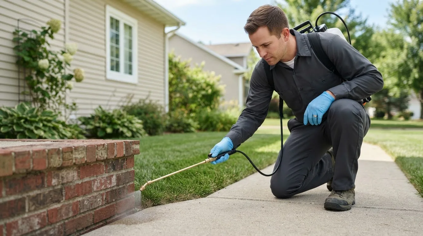 Pest control technician treating a home near Prairieburg, IA