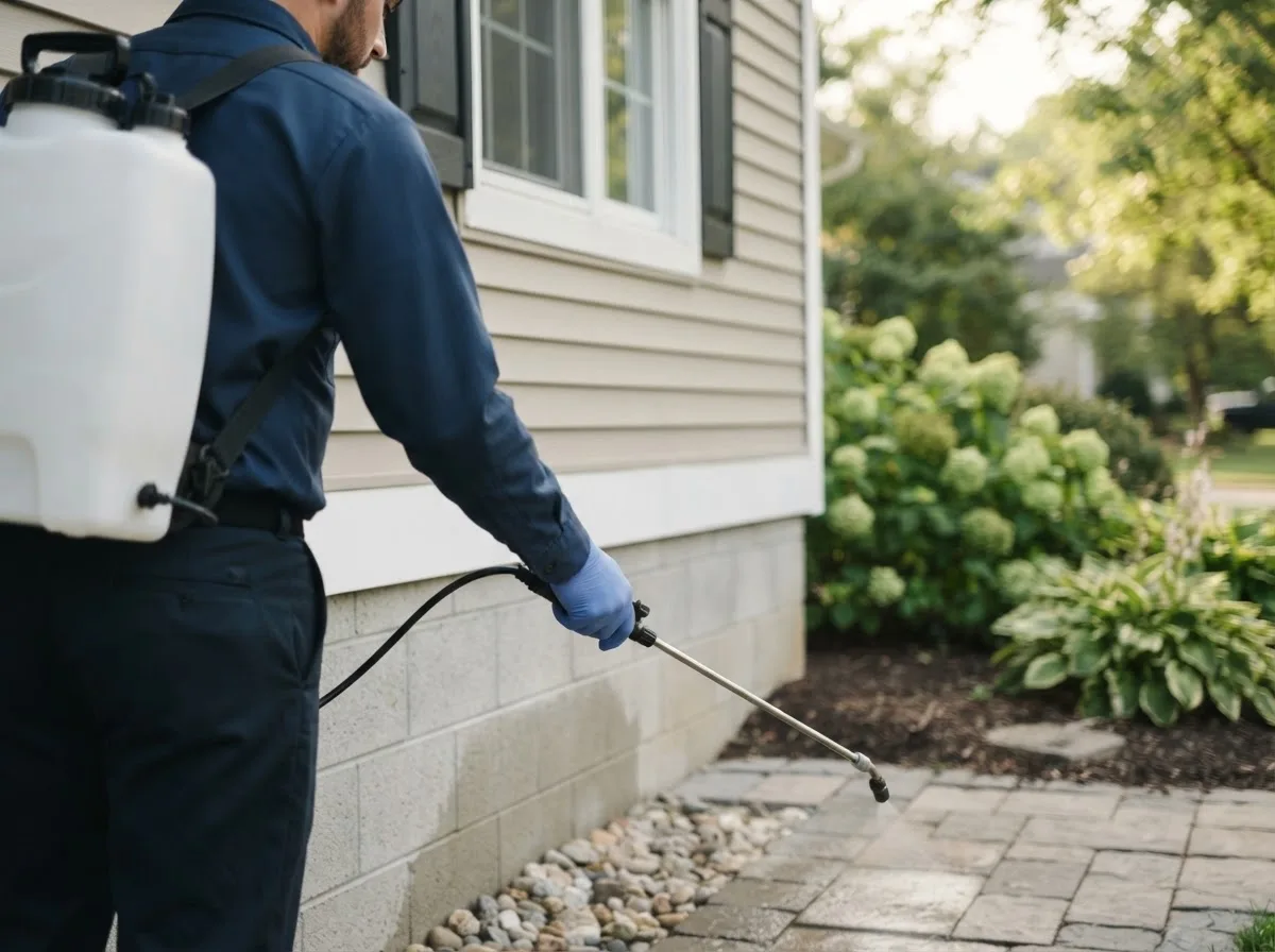 Pest control technician inspecting a home in Prairieburg, IA